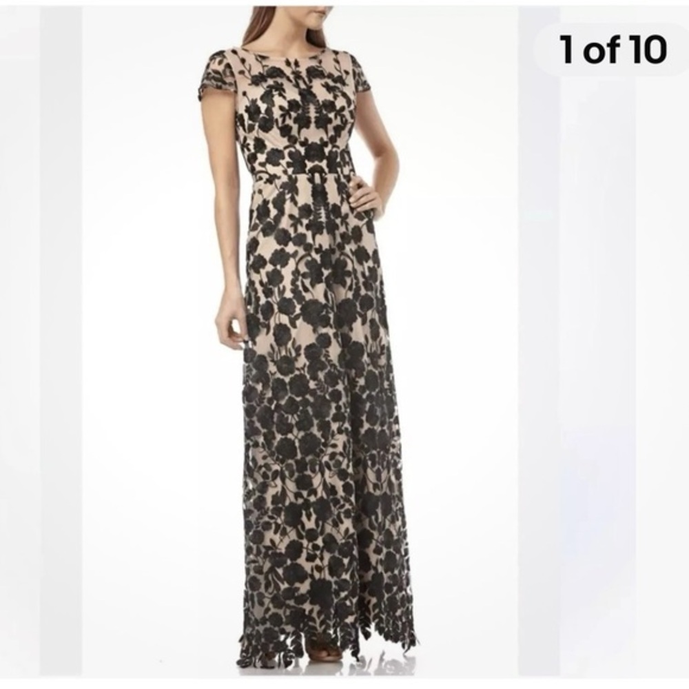 JS Collections Dress Elegant Black Floral appliqués Cream Sheer Background